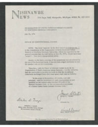 Organization of North American Indian Students of Northern Michigan University Notice of Constitutional Change, 1972-07-10