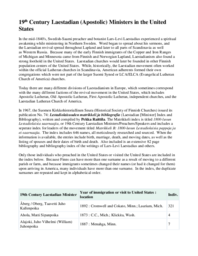 Nineteenth-Century Laestadian (Apostolic) Ministers in the United States Name Index