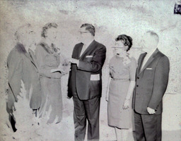 West Hall Dedication Fall 1960: Three Men, Two Women Standing (Different Camera Angle)