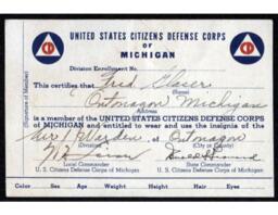 Fred Glaser United States Citizens Defense Corps of Michigan Membership Card