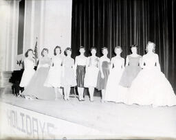 Queen Candidates--All-Events Weekend Feb. 23-25, 1961: Bad Exposure Photo of Ten Women in Dresses on Stage