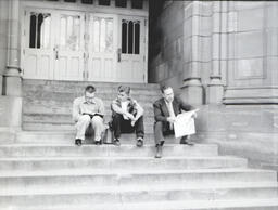 Interior Dorm and Kaye Hall Pictures 1955: Three Men Sitting on Steps of Building