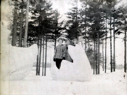 Queen Candidates--All-Events Weekend Feb. 23-25, 1961: Three Women Standing in Snow Statue