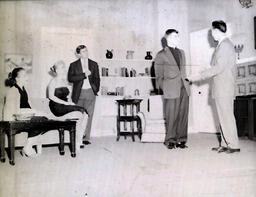 Masquers--"White Sheep of the Family" 1957: Two Women and Three Men on Stage wearing Fancy Clothes