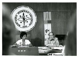 Dr. Nickerson and John X. Jamrich at Board of Control Meeting (Part of the NMU Historic Photographs Collection)