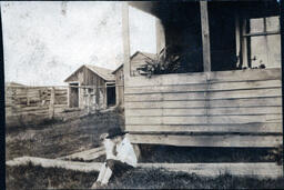 Boy with Dog Sitting on Wood Plank