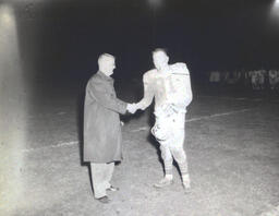 Intrasquad Football Game Spring Practice--Outstanding Back: Mike Strebel, Outstanding Lineman: Wayne Sickler 1961: Man Shaking Hands With #81