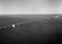 Aerial view of Mackinac Bridge, Fall 1958