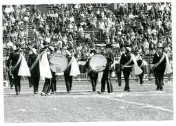 Percussion Section Performing at Football Game (Part of the NMU Historic Photographs Collection)