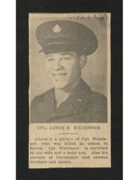 Corporal James R. Weisinger Newspaper Clipping