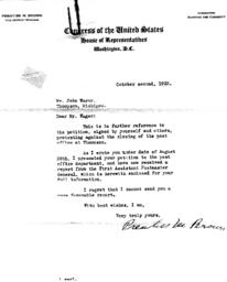 Letter from Prentiss Brown to John Wager about Thompson Post Office Closing