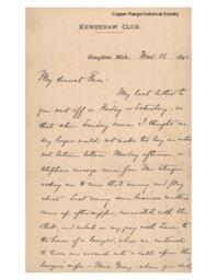 Lucius Lee Hubbard to Fannie Hubbard, 1892-11-16