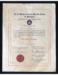 Fred Glaser Air Raid Wardens of Ontonagon Membership Certificate