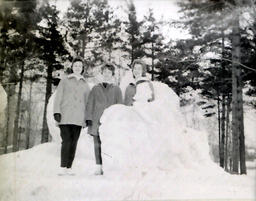 Queen Candidates--All-Events Weekend Feb. 23-25, 1961: Three Women Standing in Snow Statue