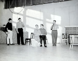 Masquers--"Thieves Carnival" 1958: Five Actors on Stage, One Playing Clarinet