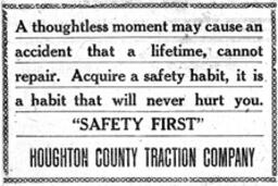 Houghton County Traction Company Safety First Advertisement