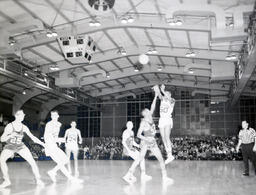 NMC Basketball--Aquinas Basketball 1960-61: Six Basketball Players on Court During Game