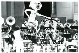 Pep Band Performing in front of Wildcat Basketball Cutout (Part of the NMU Historic Photographs Collection)