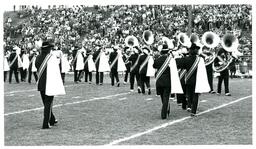 Back View of Marching Band Performing at Football Game (Part of the NMU Historic Photographs Collection)