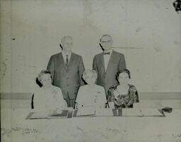 Retired Professors Dr. Hoppes, Dr. Clucas, Miss Wilkerson: Two Men Standing; Three Women Sitting